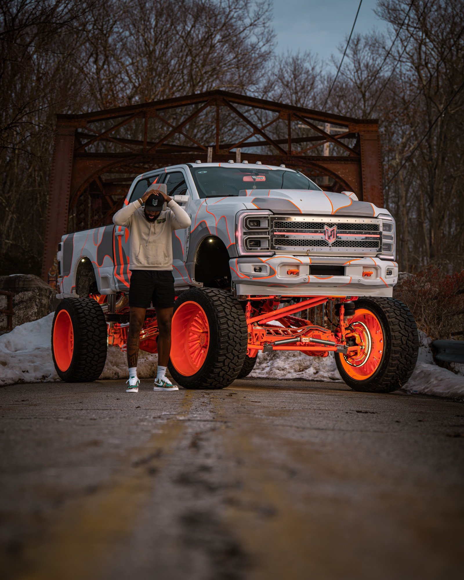 F250 parked on a bridge in the snow